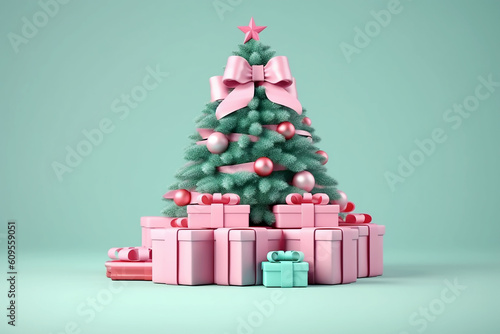 Christmas tree and pink gift boxes with pink bows on mint background. Generative AI © voisine574