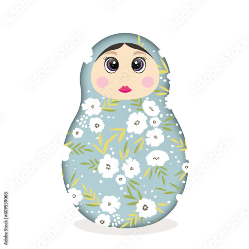 Russian Matryoshka. Traditional Russian folklore dolls with big eyes and lips. Babushka doll with hohloma, traditional painted floral pattern. Hand drawn vector illustration