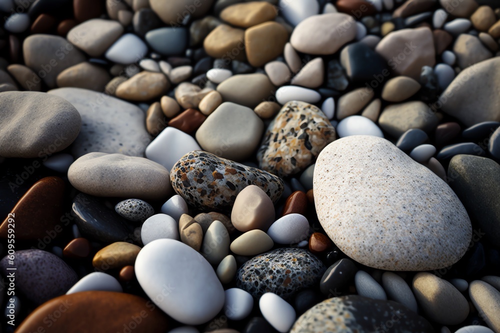 Pebble beach background. Smooth round wet pebbles texture background. Pebble sea beach close-up. Generative AI Pebble beach background. Smooth round wet pebbles texture background. Pebble sea beach close-up. Generative AI