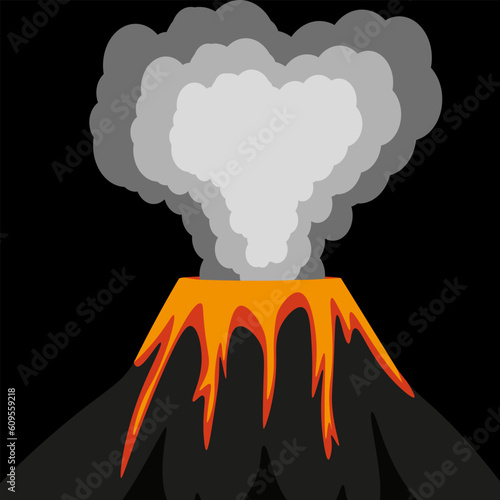 Cartoon Volcano isolated on black background with  volcanic ash. Vulcan with Lava. Vector illustration.
