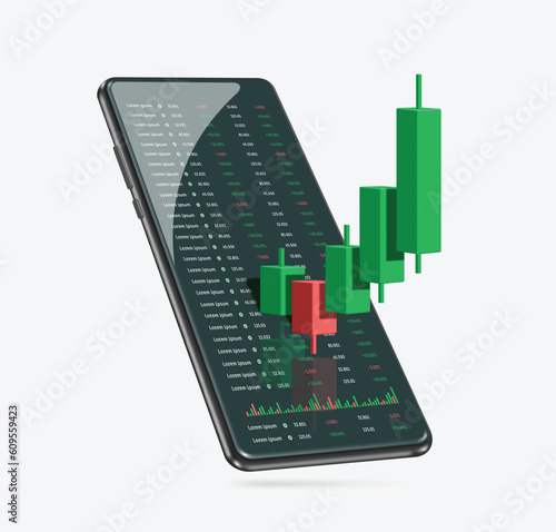 Stock Chart or Cryptocurrency Chart uptrend from red to green and profitable for trader and all place on smartphone screen