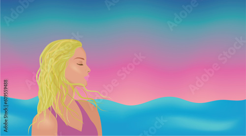 Beautiful blond woman, with hair blowing in the wind. Profile, where she is standing a long coast side, beach, sea. Copy space in the sky. Vector illustration.