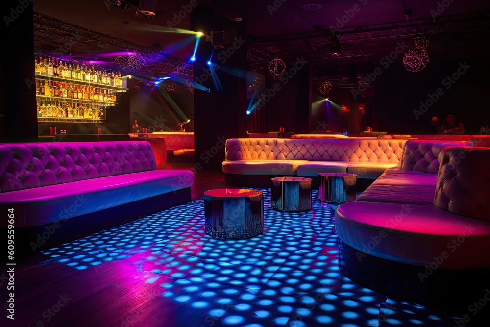 colorful interior of bright and beautiful night club with dark seats and glowing lights, A decorated night club with stylish couches and colorful cocktail tables, AI Generated - obrazy, fototapety, plakaty 