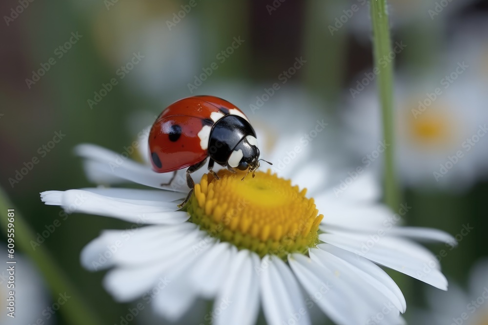 Ladybug on camomile flower, macro photography of ladybug, A cute red ladybug on a white chamomile flower with vibrant green leaves, AI Generated Ladybug on camomile flower, macro photography of ladybug, A cute red ladybug on a white chamomile flower with vibrant green leaves, AI Generated