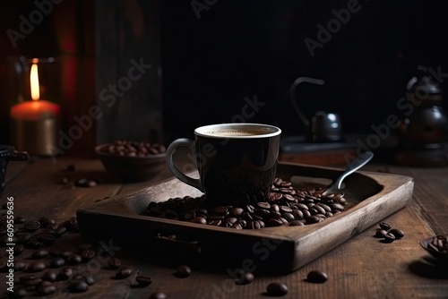 Coffee cup and coffee beans on a wooden table. Dark background. A cup of hot dark coffee with aromatic roasted coffee beans on top, AI Generated