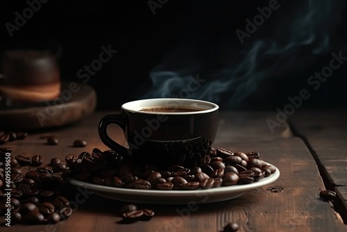 Cup of coffee on wooden table with coffee beans on dark background, A cup of hot dark coffee with aromatic roasted coffee beans on top, AI Generated