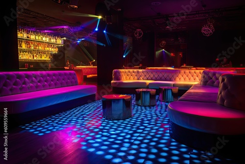 colorful interior of bright and beautiful night club with dark seats and glowing lights, A decorated night club with stylish couches and colorful cocktail tables, AI Generated