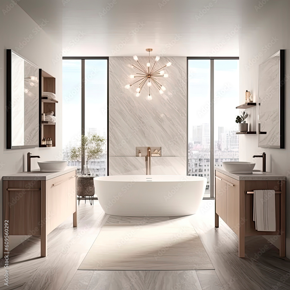 Bathroom interior in modern style with white bathtub, wooden floor and panoramic window. 3d renderGenerative AI. Bathroom interior in modern style with white bathtub, wooden floor and panoramic window. 3d renderGenerative AI.