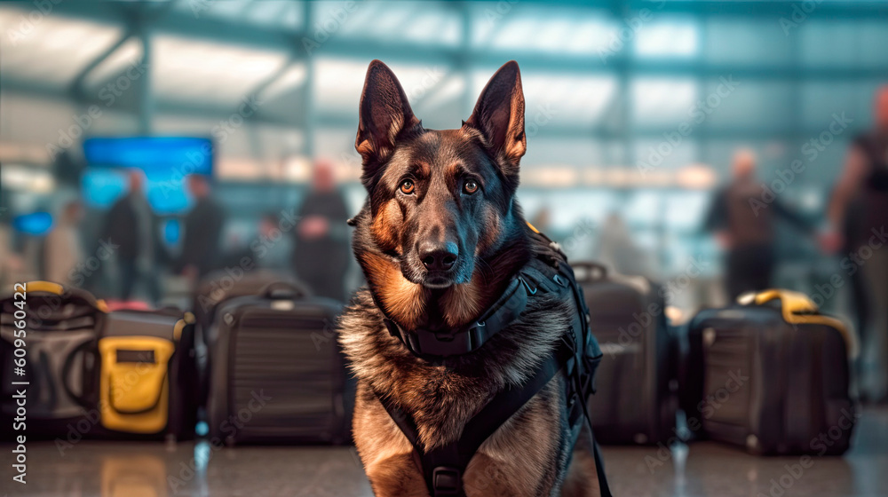 German Shepherd service, police at the airport. Generative AI. - obrazy, fototapety, plakaty 
