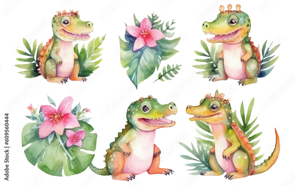 watercolor set illustration of cute crocodile isolated on white background