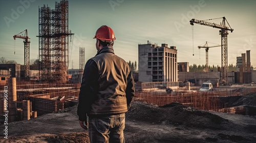 Back view of male engineer standing on construction site and looking at construction site Generative AI.