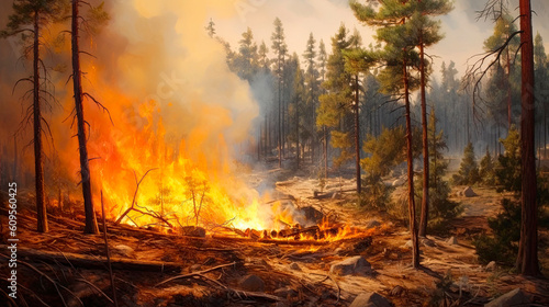  Forest fire. Wildfire in the pine forest. Natural disaster. Generative AI. 