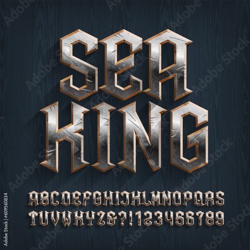 Sea King alphabet font. Distressed metal letters and numbers on a wooden background. Stock vector typescript for your typography design.
