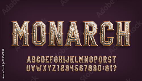 Monarch alphabet font. Damaged metal letters and numbers ornate with gold. Stock vector typescript for your typography design.