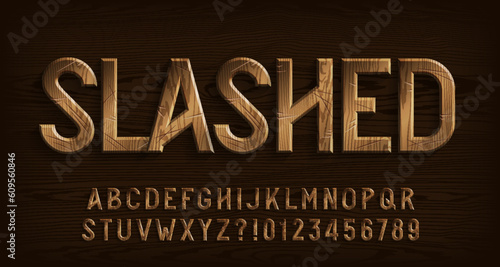 Slashed alphabet font. Damaged wooden letters and numbers. Stock vector typescript for your typography design.