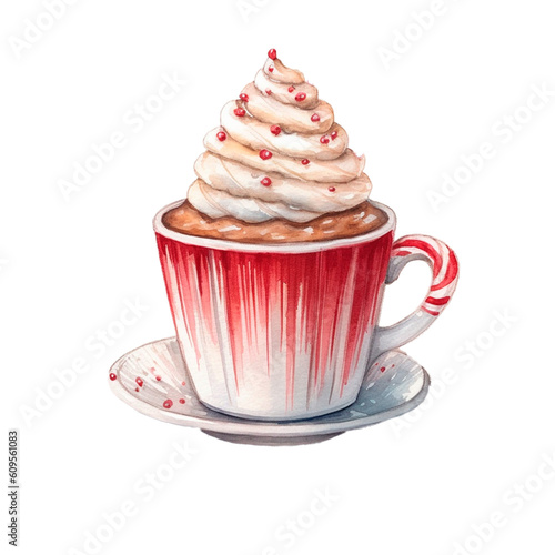 Christmas hot cocoa mug watercolor. Red hot cocoa christmas mug watercolor AI isolated illustration
