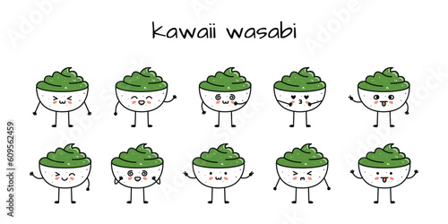 Set of kawaii wasabi bowl sushi mascots in cartoon style