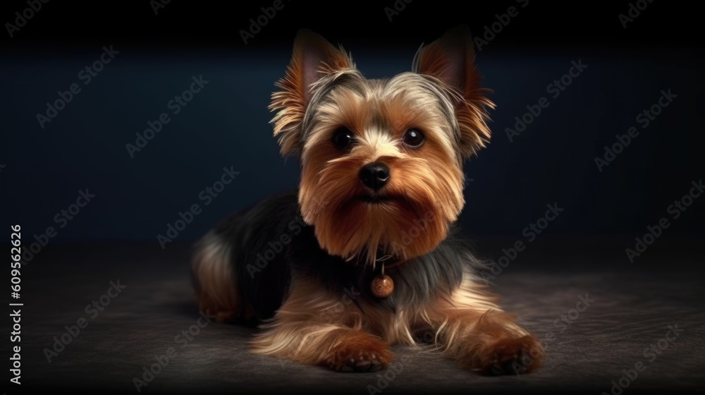 Cute Yorkshire Terrier on a dark background with free space. Generative AI Cute Yorkshire Terrier on a dark background with free space. Generative AI