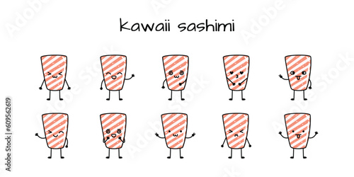 Set of kawaii sashimi sushi mascots in cartoon style