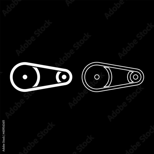 Belt transmission mechanism with two pulleys drive part automobile tension rollers engine spare auto repair wheels with rubber tape V-belt Automotive concept set icon white color vector illustration 