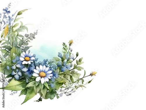 Watercolor bouquet corner frame of chamomile flowers and green leaves