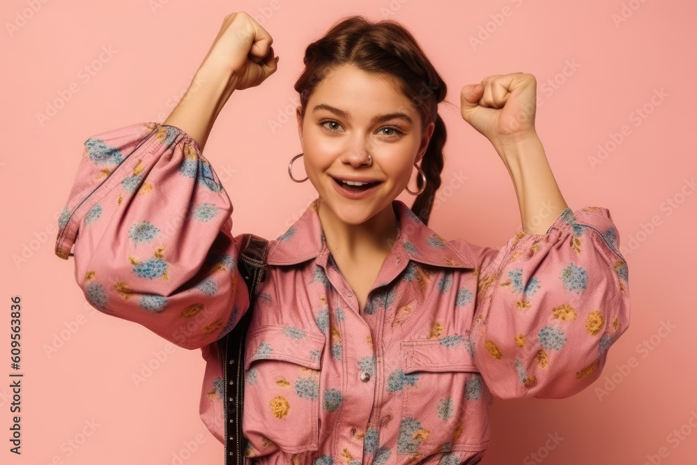 Expressive happy attractive brunette girl dressed in a pink jacket, having fun and rejoicing, triumphantly raising her fists up, isolated on a colorful isolated background. Generative AI. Expressive happy attractive brunette girl dressed in a pink jacket, having fun and rejoicing, triumphantly raising her fists up, isolated on a colorful isolated background. Generative AI.
