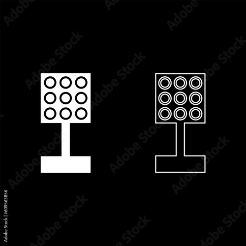 Stadium spotlight floodlight tower bright light set icon white color vector illustration image solid fill outline contour line thin flat style