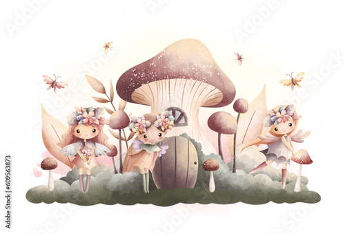 Watercolor Illustration beautiful fairy with mushroom house in vinage color