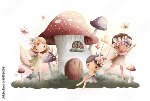 Watercolor Illustration beautiful fairy with mushroom house in vinage color