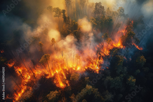 Fire in a forest, top view, Generative AI © Aleksandr Bryliaev