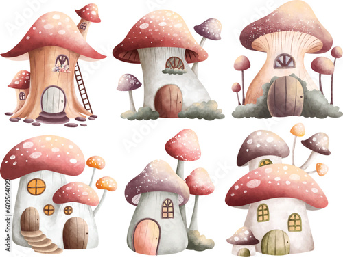 Watercolor Illustration set of beautiful mushroom fairy house in vintage color