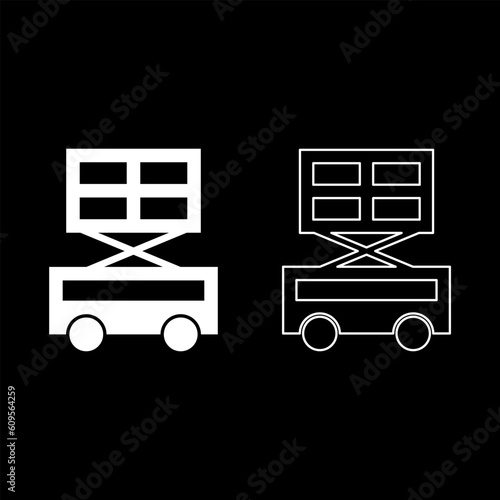 Lifting machine scissor lift platform self propelled set icon white color vector illustration image solid fill outline contour line thin flat style