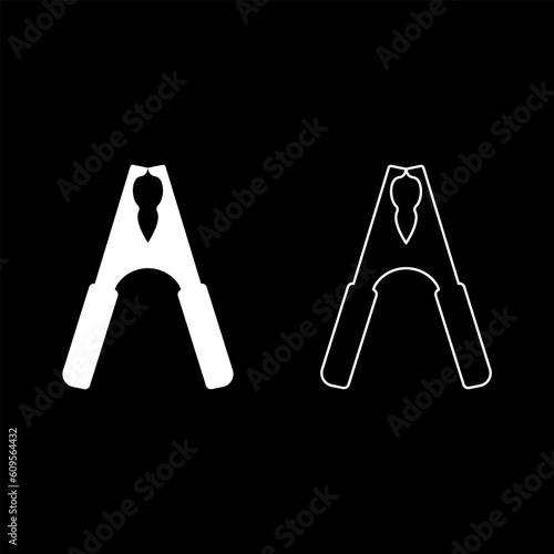Electrical clip terminal to battery car crocodile shape set icon white color vector illustration image solid fill outline contour line thin flat style
