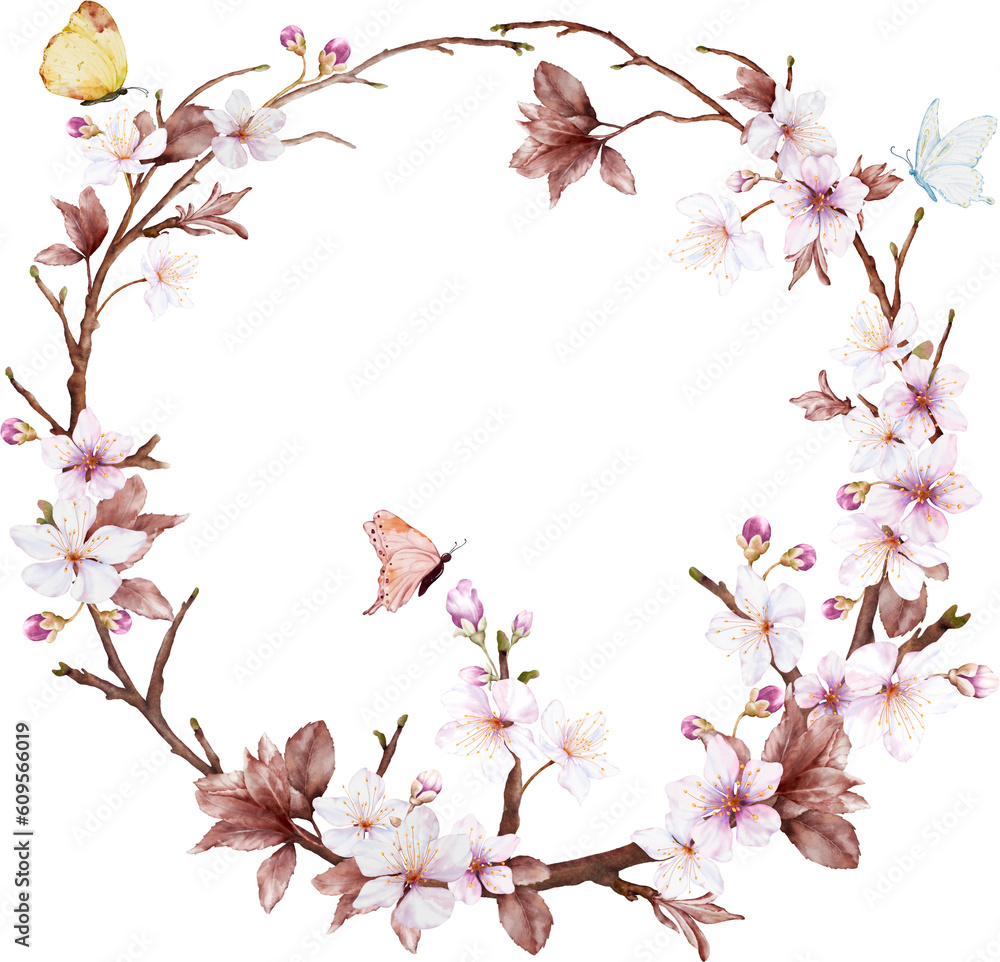 Watercolor cherry blossom wreath and butterflies Watercolor cherry blossom wreath and butterflies
