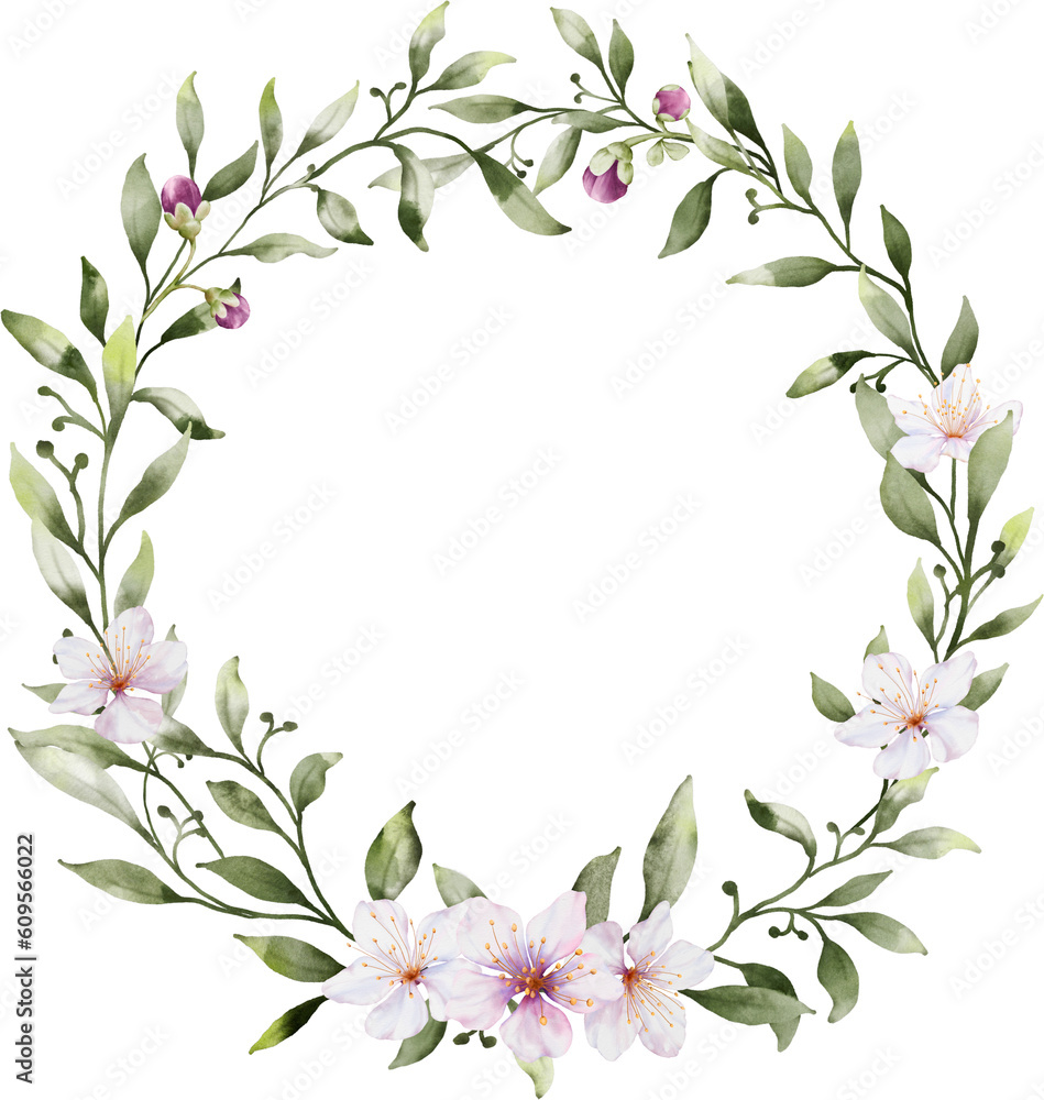 Watercolor wreath with flowers and leaves Watercolor wreath with flowers and leaves