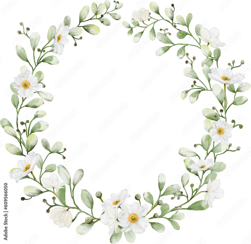 Watercolor wreath with flowers and leaves