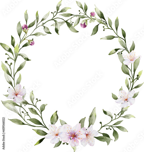 Watercolor wreath with flowers and leaves