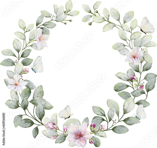 Watercolor wreath with flowers leaves and butterflies