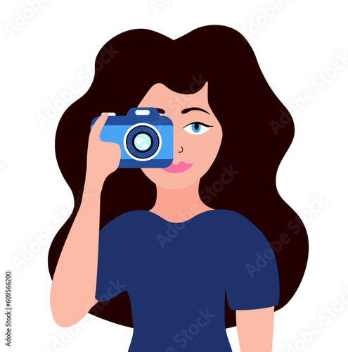 Girl photographer holds a camera and takes a picture. World photography day. Vector flat illustration.