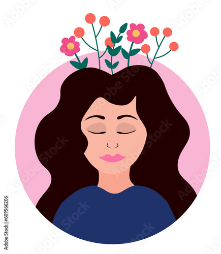 Girl with flowers in her head. Psychology and self-confidence. Mental health priority. Inner peace. Flat vector illustration.