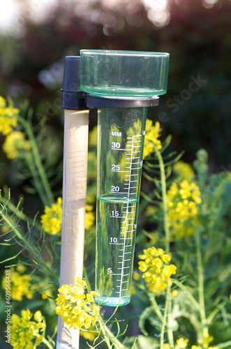 Clear plastic rain guage attached to a wooden pole photo