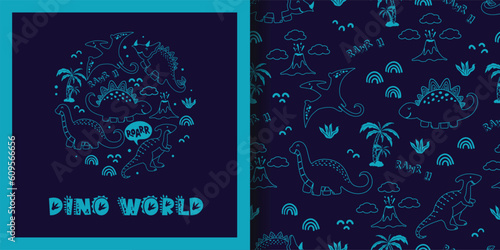 Hand drawn Cute dinos in simple outline sketchy style. Cartoon card and seamless pattern set. Doodle characters Animals Background. Cute Cartoon Dinosaurs, volcano, and plants. Vector illustration