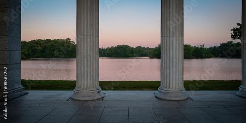 Panoramic sunrise landscape at Temple to Music Pavilion over Cunliff Lake with a view of Star Island at Roger Williams Park in Providence, Rhode Island