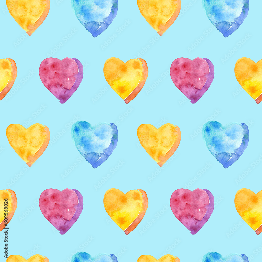 Fototapeta premium Seamless pattern of watercolor pink, yellow and blue hearts. Hand drawn illustration. Hand painted elements on light blue background. 