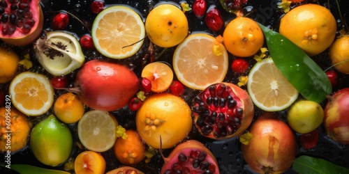 water vitamin drop lemon fresh strawberry green fruit background healthy food. Generative AI.