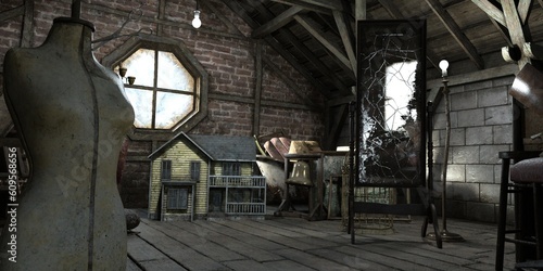 3d render of an Abandoned attic with large old cracked mirror on a stand and antiques. A classic scene from a horror movie. Dirty octagonal window. Photorealistic 3D illustration.