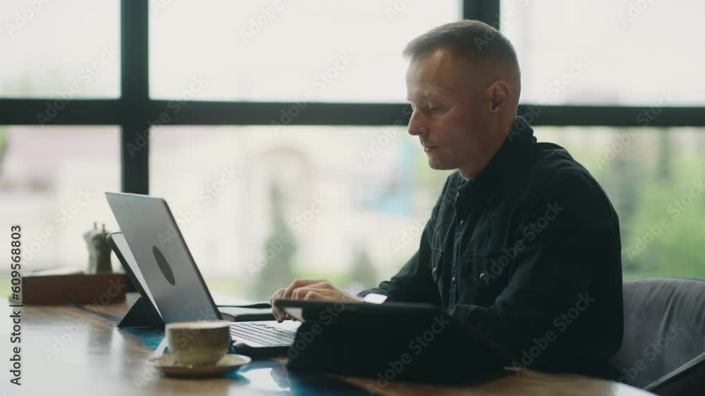 Big Boss Of Modern IT-Company Working Remotely From Cafe, Using Many Gadgets, Multitasking Man Big Boss Of Modern IT-Company Working Remotely From Cafe, Using Many Gadgets, Multitasking Man