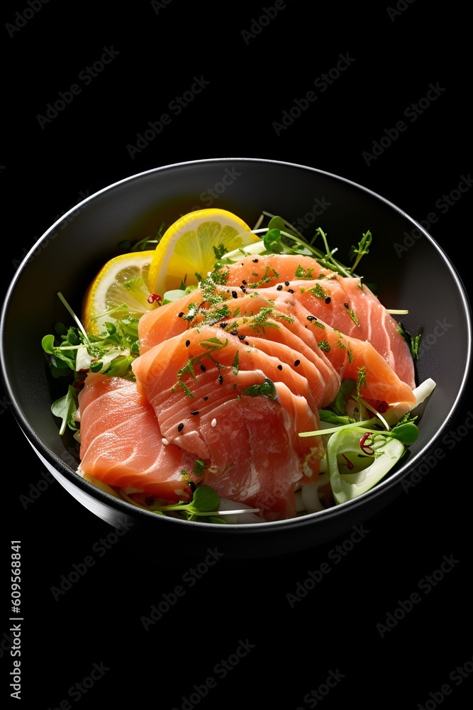 Bowl of salad with salmon and lemon