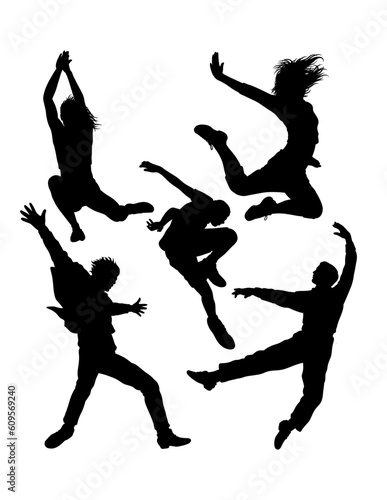 Male and female jumping parkour sport training pose silhouette
