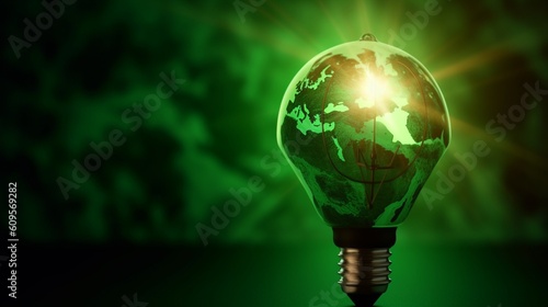 グリーンエネルギー、再生可能エネルギー、クリーンエネルギーのコンセプトで、緑の背景に電球と緑の世界地図を手に持ちます。環境に優しい持続可能なエネルギー源GenerativeAI